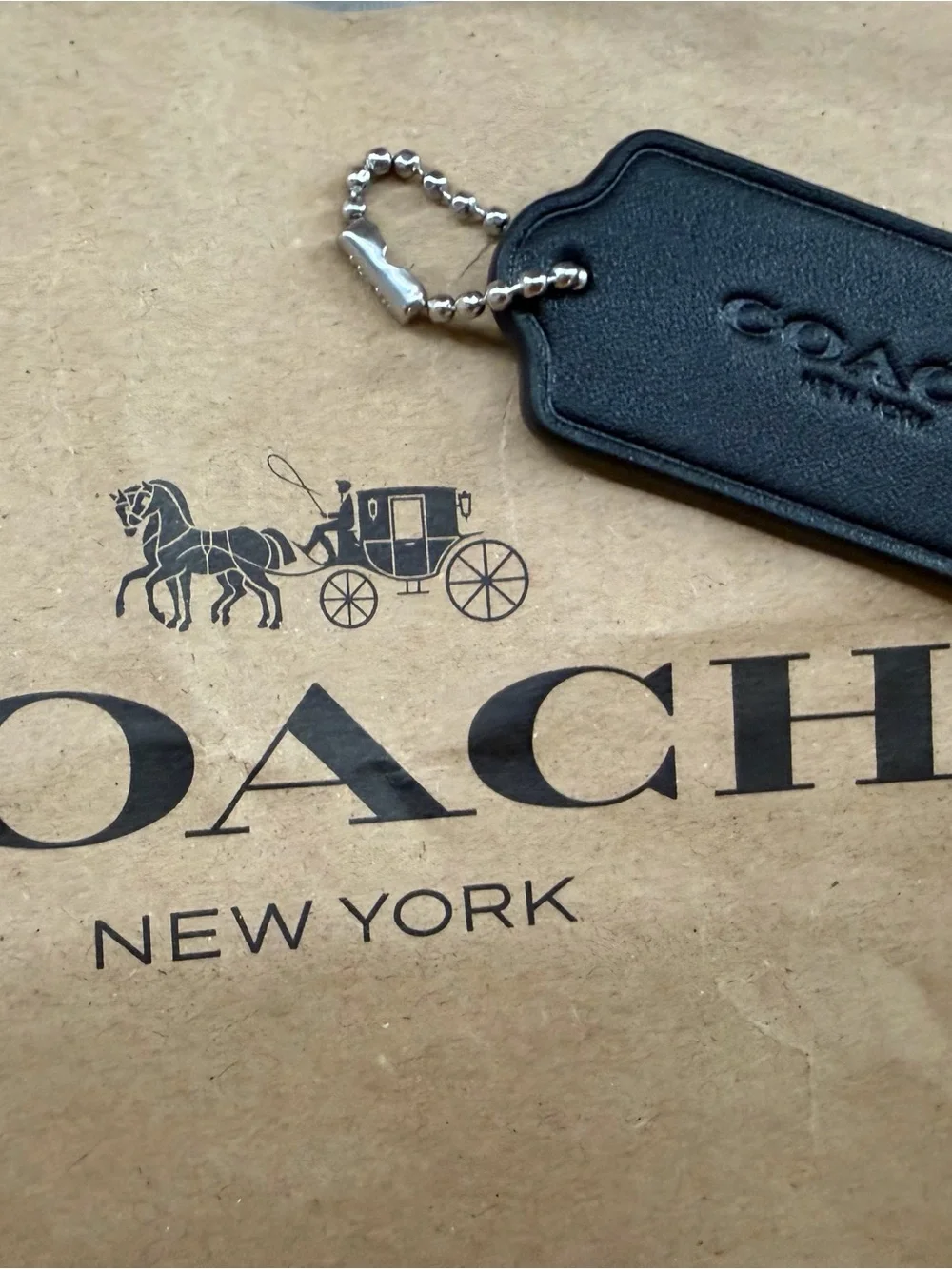 COACH New York Embossed Black Leather Bag Tag Charm Keychain BRAND NEW